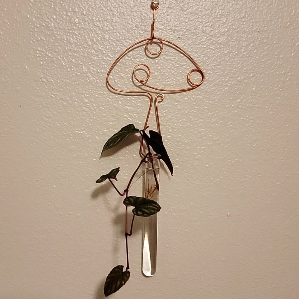 Handmade Copper Mushroom Vase/ Propagation Hanger w/ Glass Tube and Wall Hook